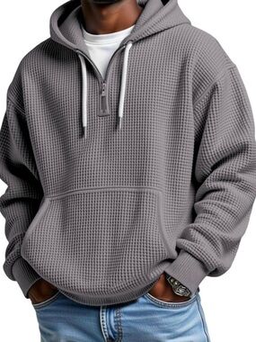 Men's Quarter Zip Waffle Knit Hooded Sweatshirt/Pullover with Pockets, Medium